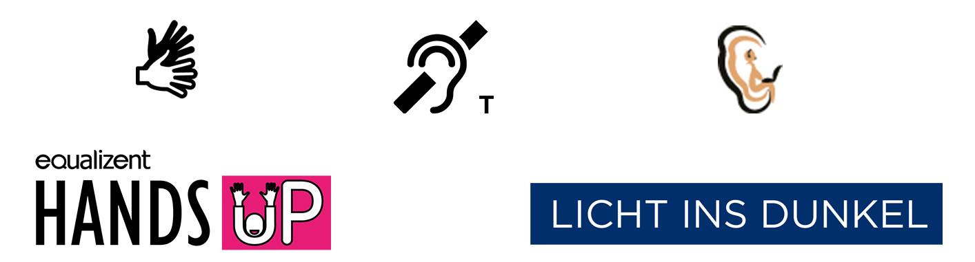 Piktogramme ÖGS, Induktive Höranlage, Schriftdolmetschung, Logos Hands Up, Licht ins Dunkel